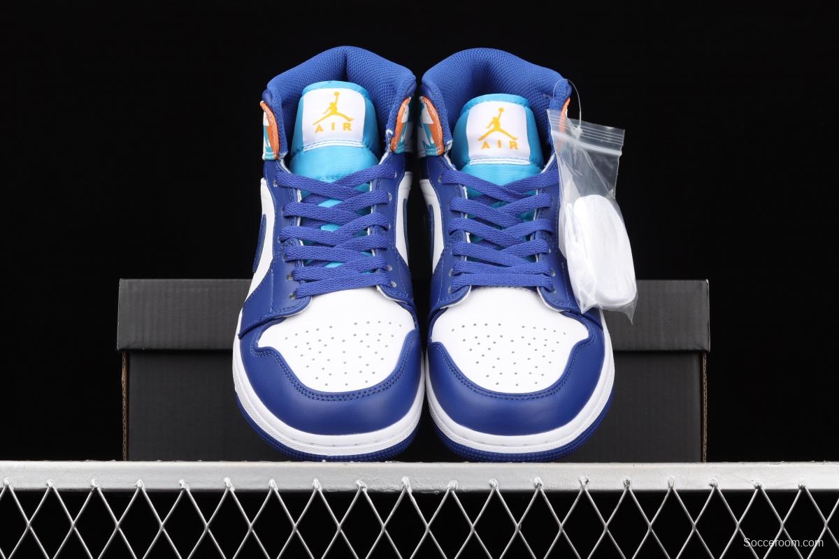 Air Jordan 1 Mid geometrical white and blue Zhongbang basketball shoes 555112-105