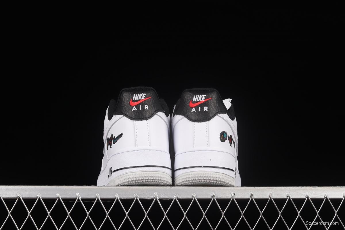 NIKE Air Force 11607 Low Peace Love Swoosh white and black graphic printed low-top casual board shoes DM8148-100