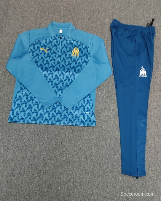 24/25 Kids Olympique Marseille Blue Grid Half Zipper Jacket+Long Pants