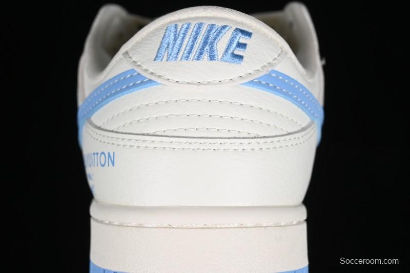 Nike SB Dunk Low LV Collaboration - Beige Blue Double Swoosh Print Anniversary Custom Low-Top Casual Sneakers - CF3688-005