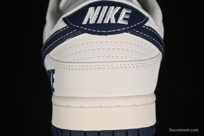 Nike SB Dunk Low Anniversary Premium Custom Low-Top Casual Skate Shoes in Off-White with Navy Blue Swoosh - SJ1089-004