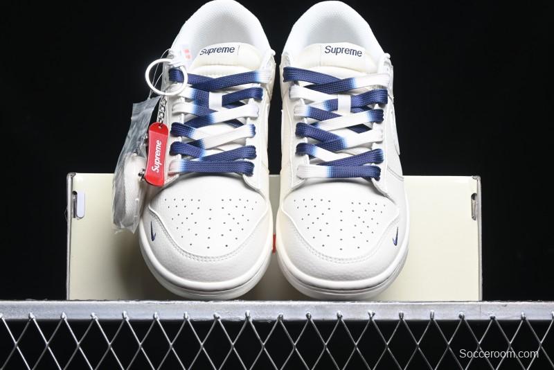 Nike SB Dunk Low Supreme Collaboration - White Blue Color Blocking with Mini Swoosh Anniversary Custom Edition Low-Top Casual Skate Shoes - BB8675-110