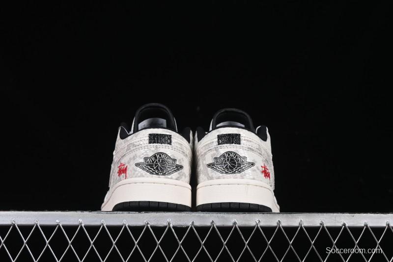 Nike Air Jordan 1 Low Retro Basketball Shoes - Stussy Grey Snake Custom - FC1688-200