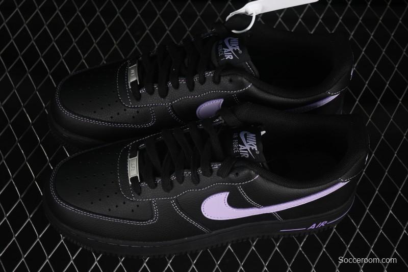 Nike Air Force 1'07 Low Casual Sneakers in Black with Purple Swoosh - HQ2037-001