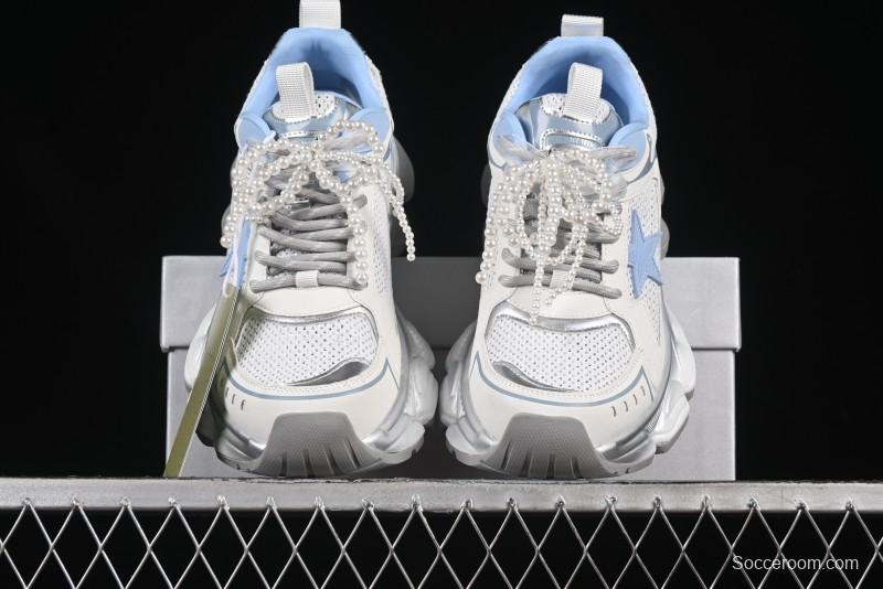 GG-CC Star Same Style Lace-Up Hollow Out Dad Shoes with 5cm Hidden Height Increase - G25X269 White Blue