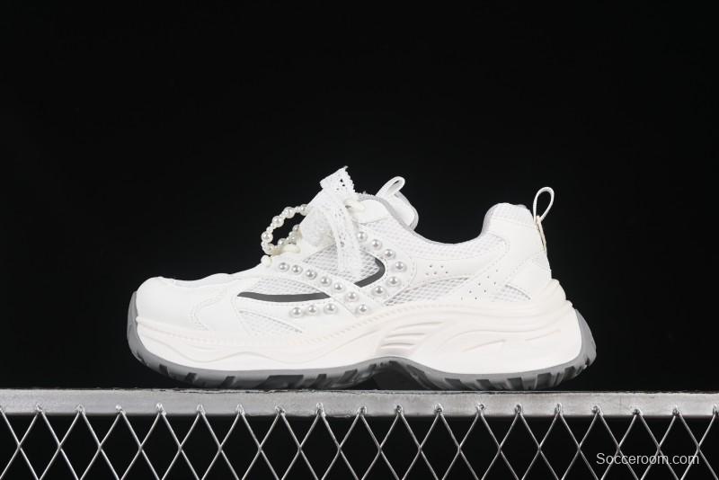 GG-CC Lace Pearl Chain Casual Platform Dad Shoes - 250310 White