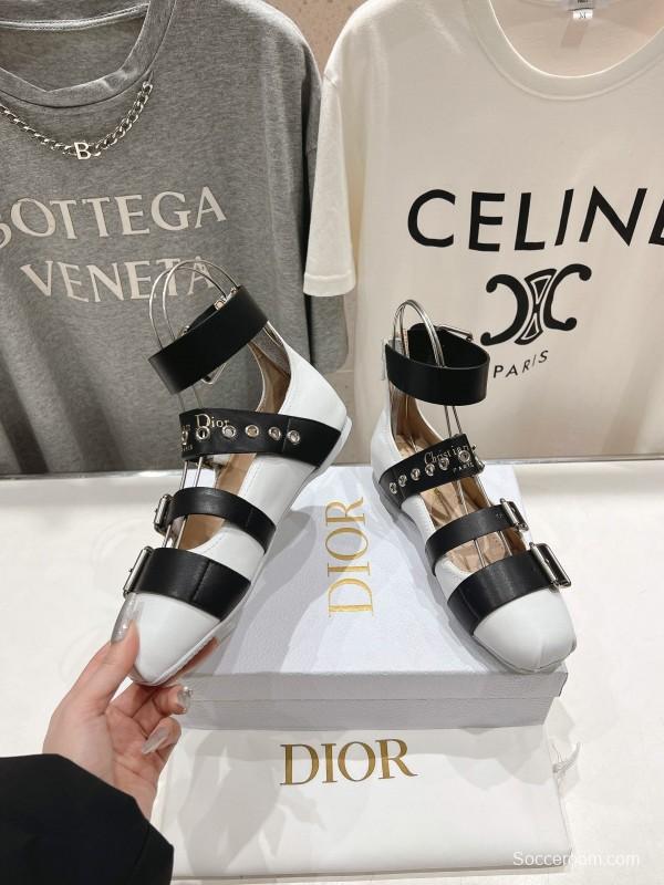 2025 Women Dior White Black Leather Mary Jane Buckle Ballerina KFY00320