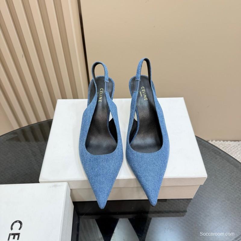 2025 Women CELINE Blue Denim Slingback Heels
