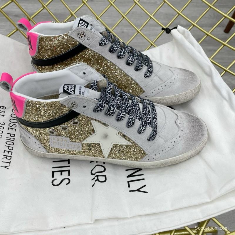 2024 Women GGDB Gold White Leather Glitter High Top Sneakers MJ015AM