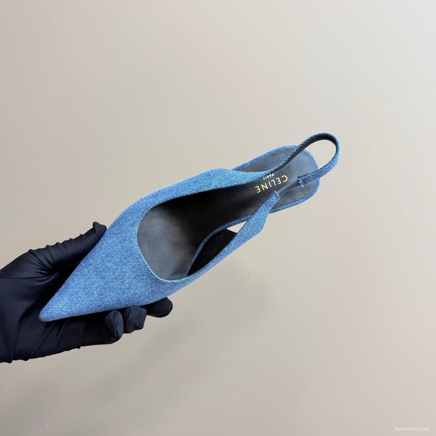 2025 Women CELINE Blue Denim Slingback Heels