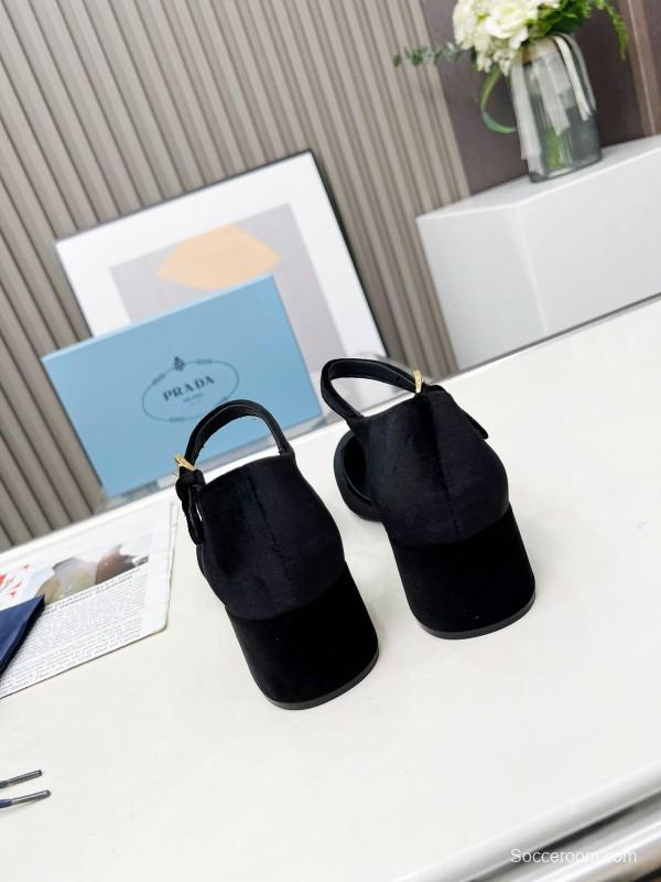 2025 Women Prada Black Velvet Mary Jane Block Heel KFY00270