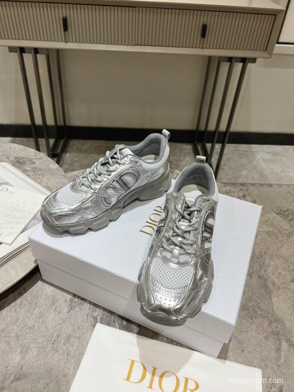 2025 Women Dior Silver Mesh Leather Running Sneakers