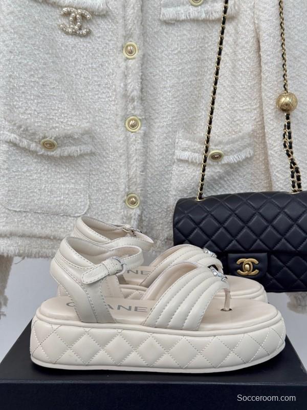 2025 Women Chanel White Leather Sandals