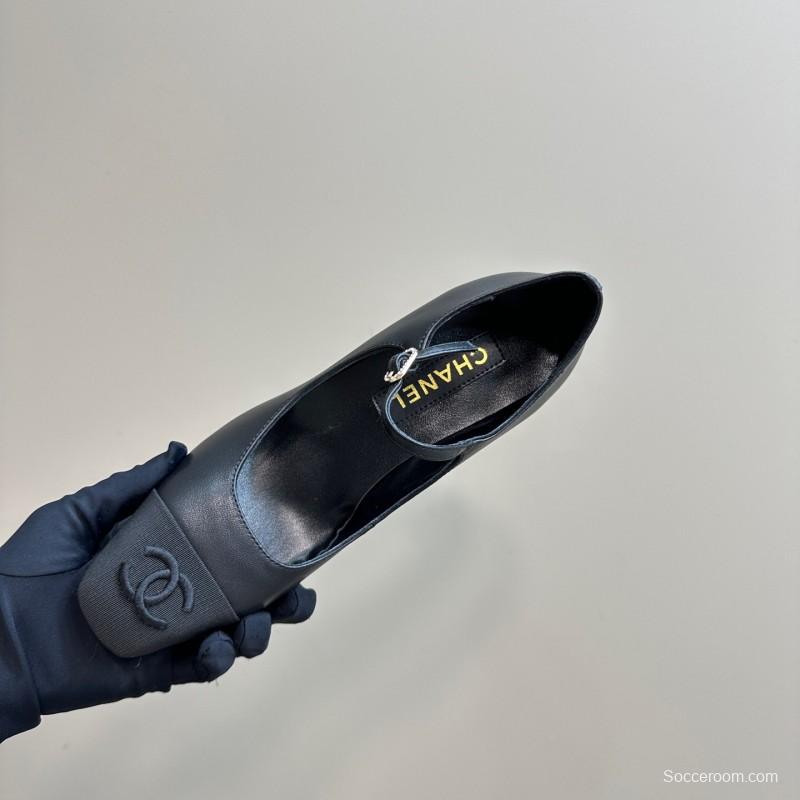 2025 Women Chanel Black Leather Mary Jane Shoes KFY00290