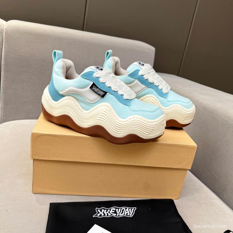 2025 Unisex HEYDAY Blue White Canvas Leather Wave Sneakers KFY00260