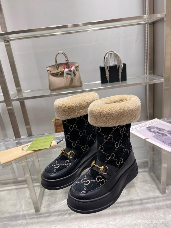 2024 Women Gucci Black Shearling Leather Snow Boots MJ00420