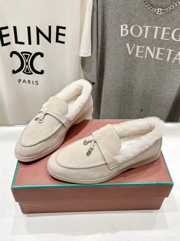 2024 Women LP Beige Suede Loafers Furry Lining MJ00300