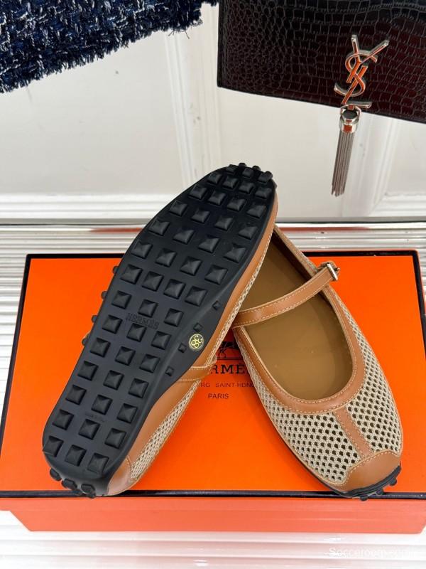 2025 Women Hermès Beige Mesh Leather Mary Jane