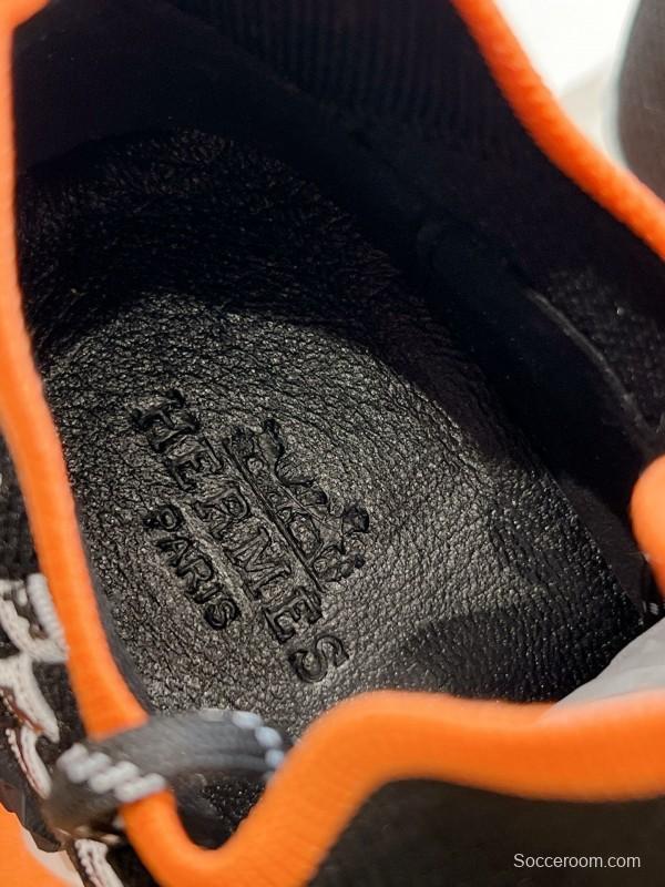 2024 Unisex Hermès Black White Orange Calfskin Suede Sneakers MJ00290