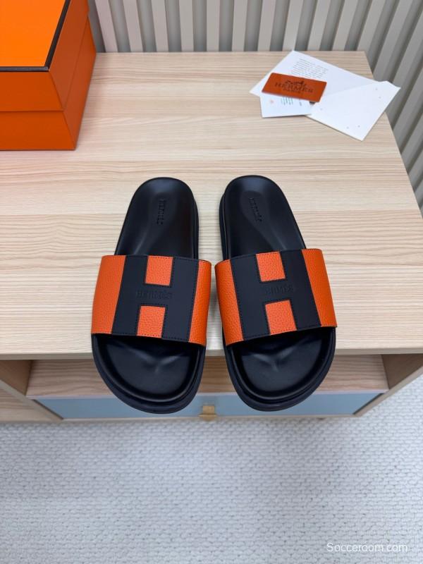 2025 Slippers Hermès Orange Black Leather Slippers