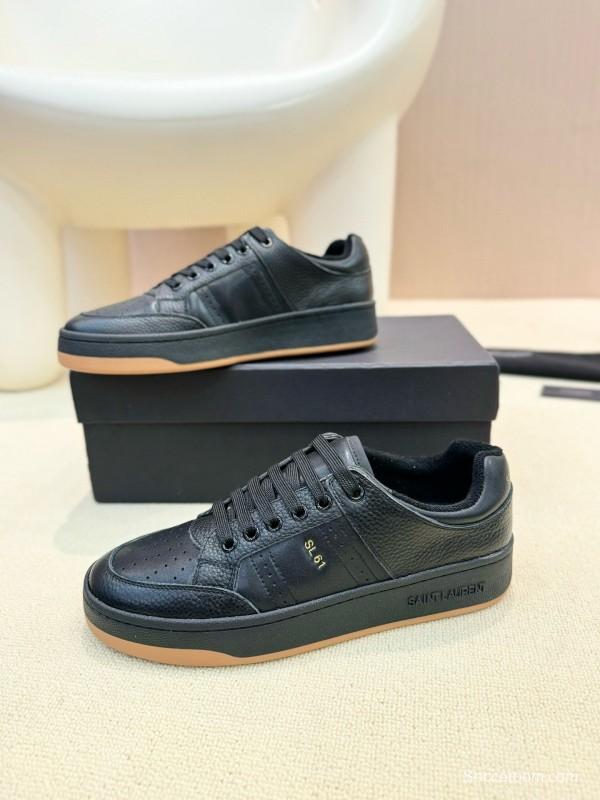 2024 Unisex Yves Saint Laurent Black Silk Grain Leather SL61 Casual Series Perforated MJ00350