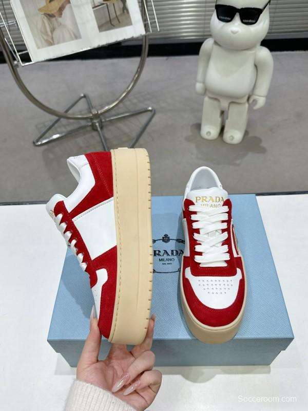 2025 Women Prada Red White Leather Sneakers KFY00310