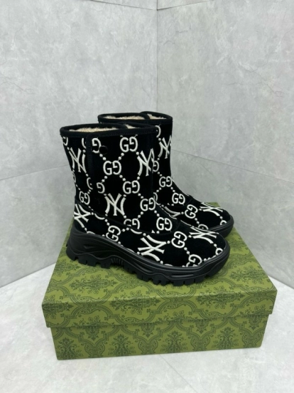 2024 Women Gucci Black White Suede Snow Boots GG NY Embroidery MJ00370