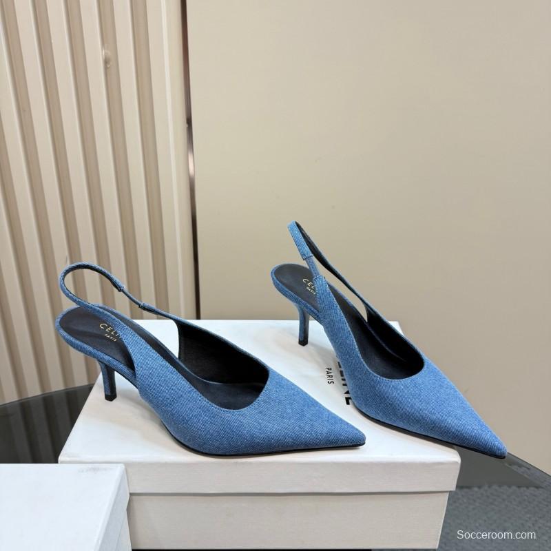 2025 Women CELINE Blue Denim Slingback Heels