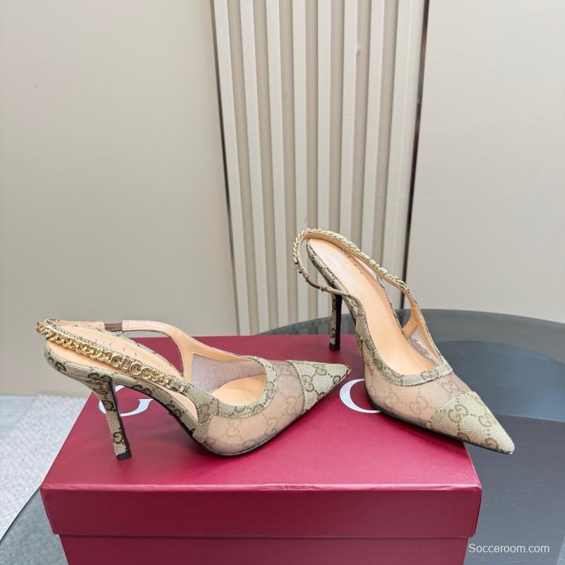 2025 Women Gucci Beige Mesh Fabric High Heel Pumps With Gold Chain Detailing KFY00300(F)