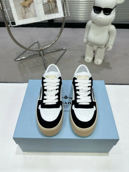 2025 Women Prada Black White Leather Suede Sneakers Downtown Bold KFY00310