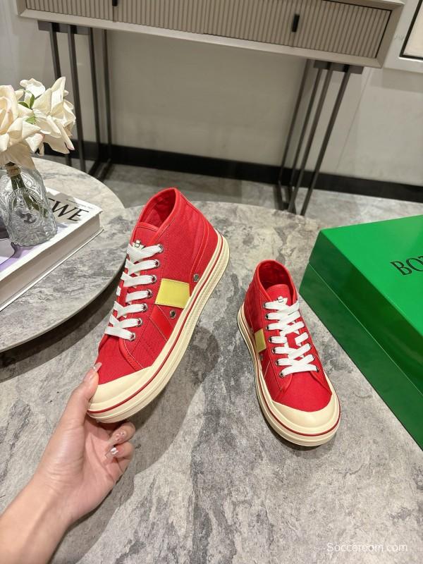 2025 Unisex Bottega Veneta Red Yellow Canvas Leather Sneakers Hand Painted KFY00260(F/M)