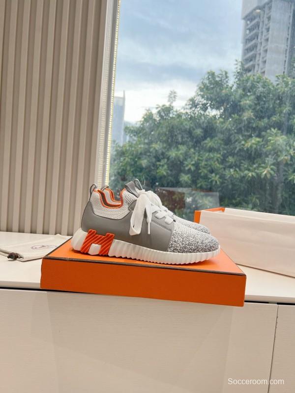 2024 Unisex Hermès Gray White Orange Calfskin Suede Sneakers MJ00290