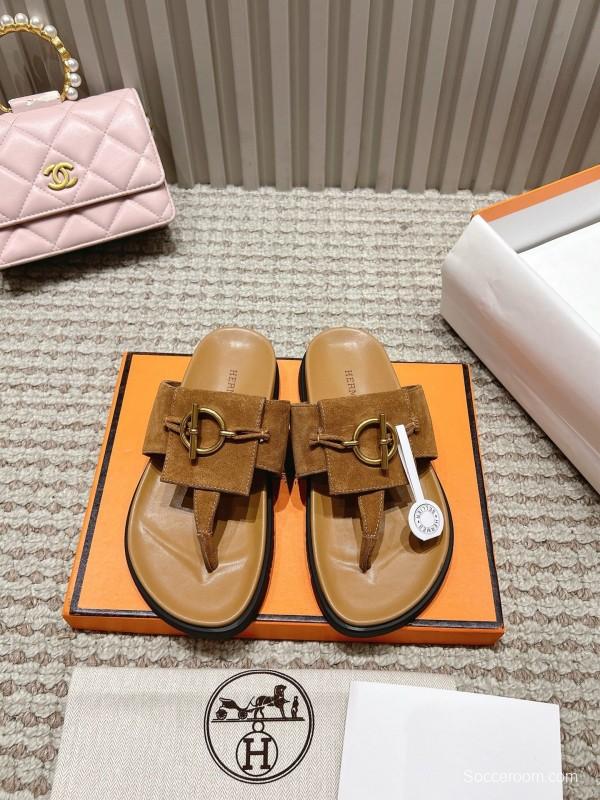 2025 Slippers Hermès Brown Suede Leather Casual LY00350