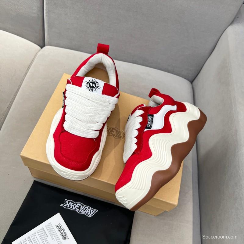 2025 Women HEYDAY Red White Canvas Leather Wave Sneakers