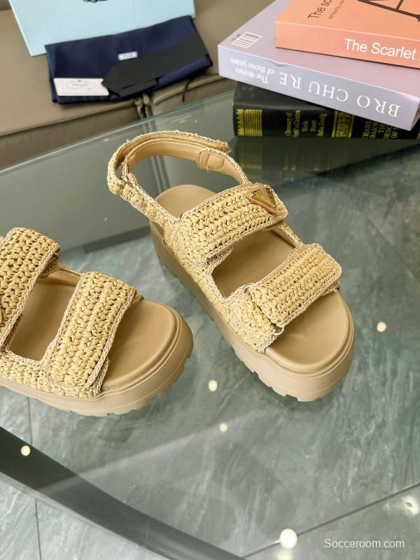 2025 Women Prada Beige Braided Leather Platform Sandals LY00300