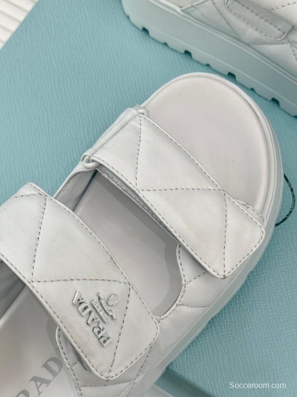 2025 Slippers Prada White Leather Quilted Velcro Strap KFY00250