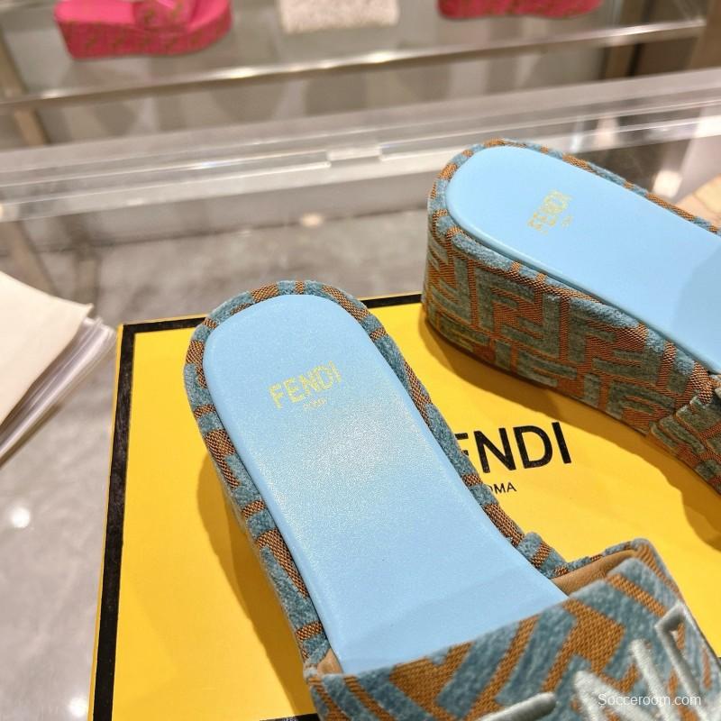 2025 Women Fendi Blue Brown Canvas Slippers