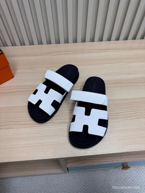 2025 Women Hermès White Black Leather Slippers