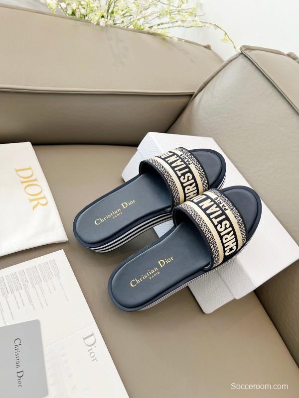 2025 Women Dior Navy White Canvas Platform Slippers LY
