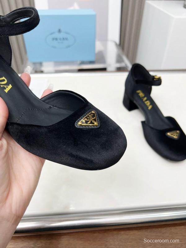 2025 Women Prada Black Velvet Mary Jane Block Heel KFY00270