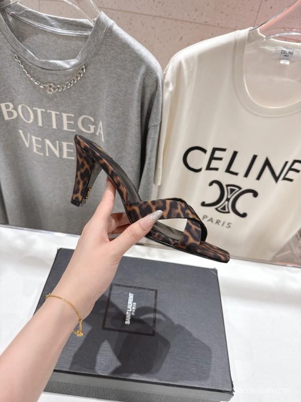 2025 Women Yves Saint Laurent Leopard Print Leather High Heel Sandals