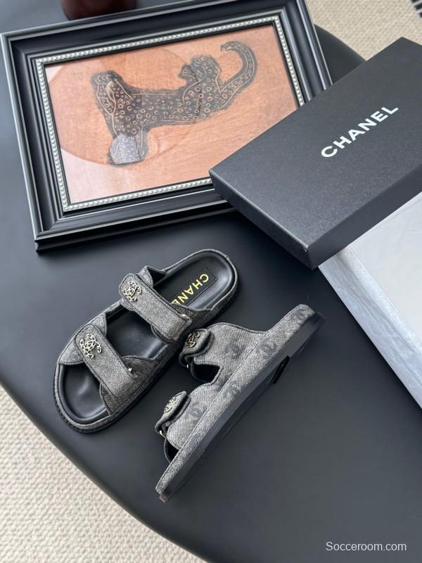 2025 Women Chanel Grey Fabric Leather Sandals Magic Tape LY00310