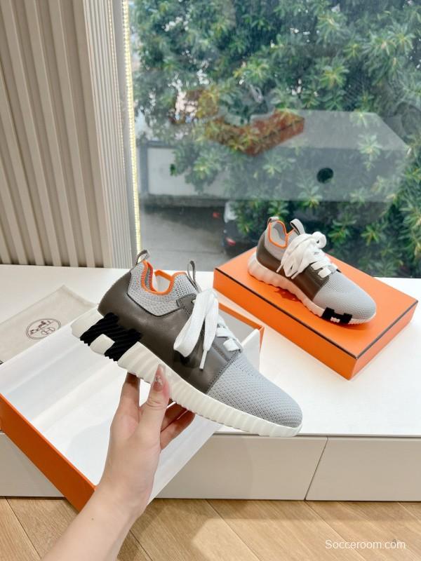 2024 Unisex Hermès Beige Grey Orange Black Leather Suede Knit Sneakers MJ00290
