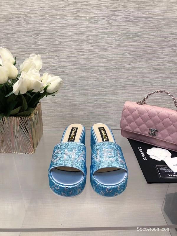 2025 Women Chanel Blue Fabric Platform Slippers LY00320
