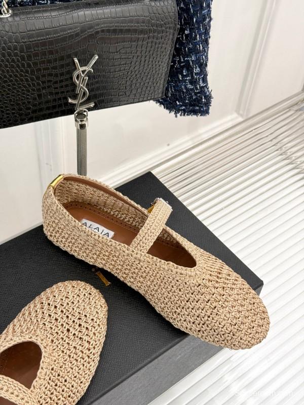 2025 Women AlAIA Beige Woven Leather Mary Jane Shoes