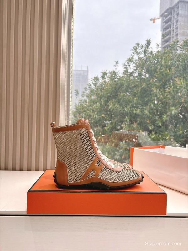 2025 Women Hermès Beige Brown Leather Mesh Boots