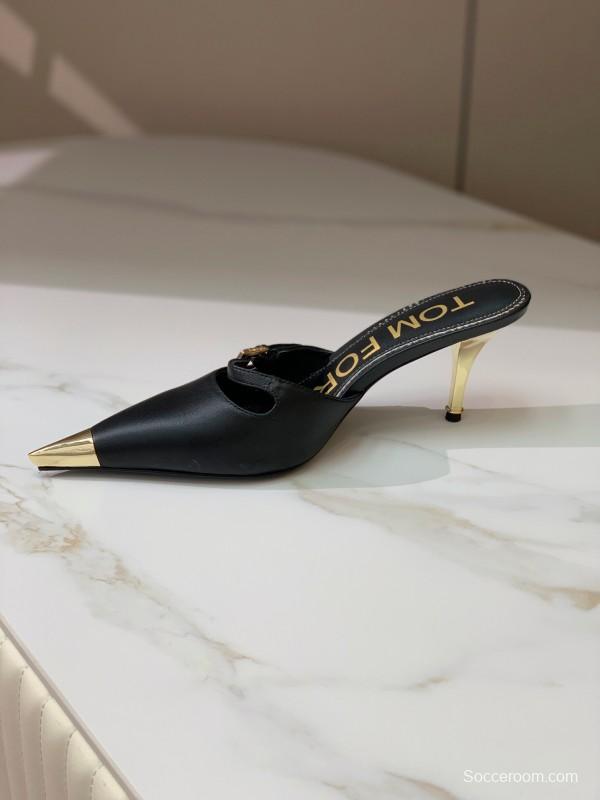 2025 Women TOM FORD Black Gold Leather Heeled Mules KFY00300