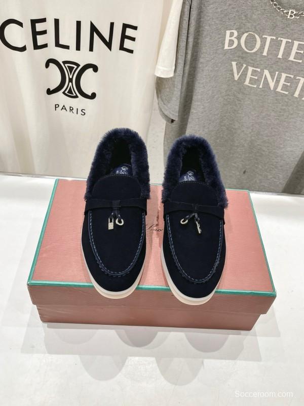 2024 Women LP Navy Suede Fur Loafers