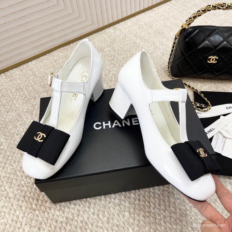 2025 Women Chanel White Black Leather Mary Jane Bow KFY00310