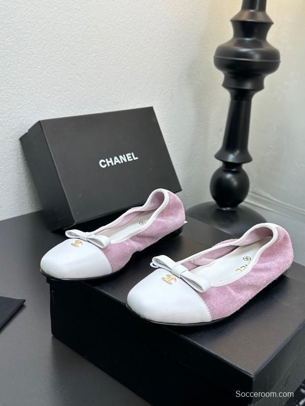2025 Women CHANEL White Purple Leather Bow Ballet Flats Unisex LY00360(F)